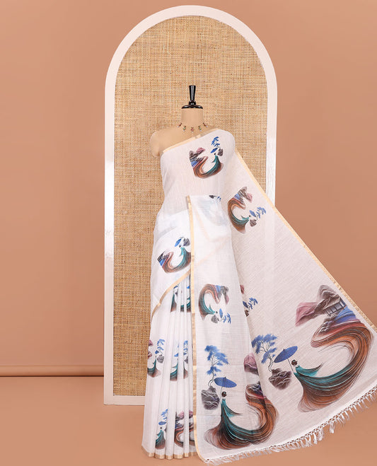 White Linen Cotton Saree Features Chinese Women Motifs Printed on Its Body, and Pallu, Subtle Piping Border, and Paired with a Matching Blouse