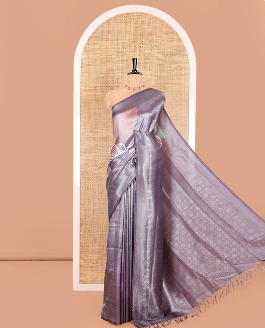 Pink and Mauve Tissue Saree, Accentuated with Jacquard Design and Floral Printed on Its Body, Complemented by Contrast Traditional Motifs Print, Pallu Steeped with Floral Motifs, and Paired with a Contrast Blouse