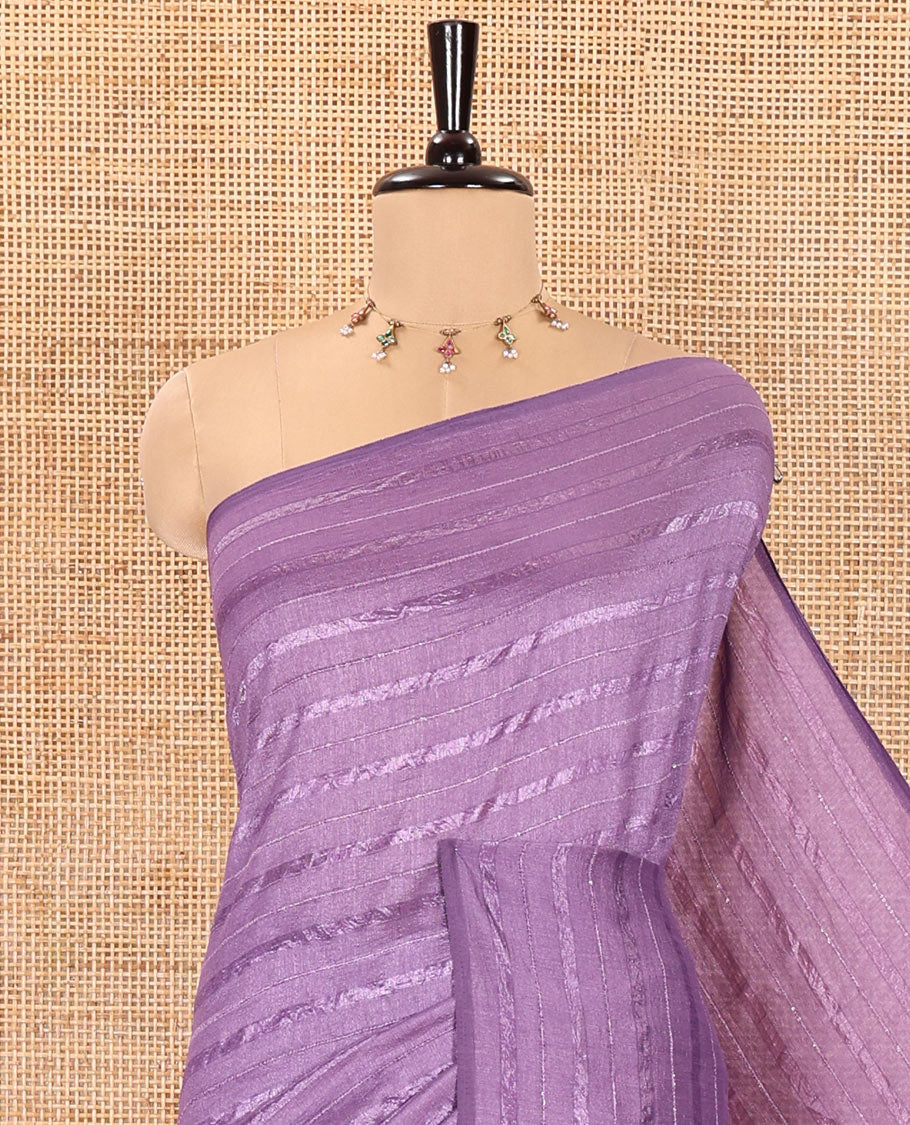 Borderless Lavender Vichitra Silk Saree, Elevated with Horizontal Stripes and Sequin Stripes, Paired with a Matching Blouse