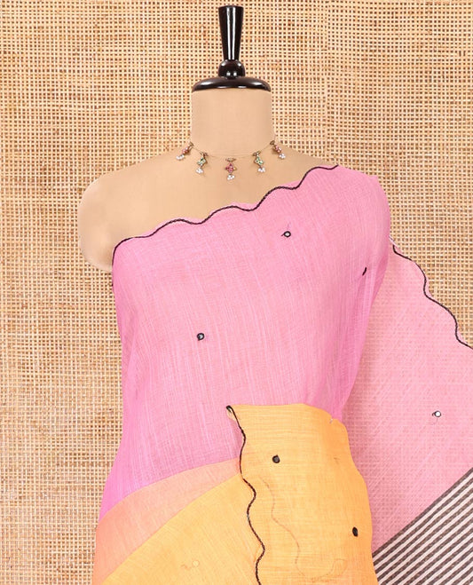 Pink-Yellow Linen Cotton Saree, Prettified with Ombre-Style Dyed with Mirror Work Across Its Body, Subtly Sparkled Scallop Thread Border, Pallu Steeped with Stripes and Mirror Work, and Paired with a Contrast Vertical Stripes Printed Blouse