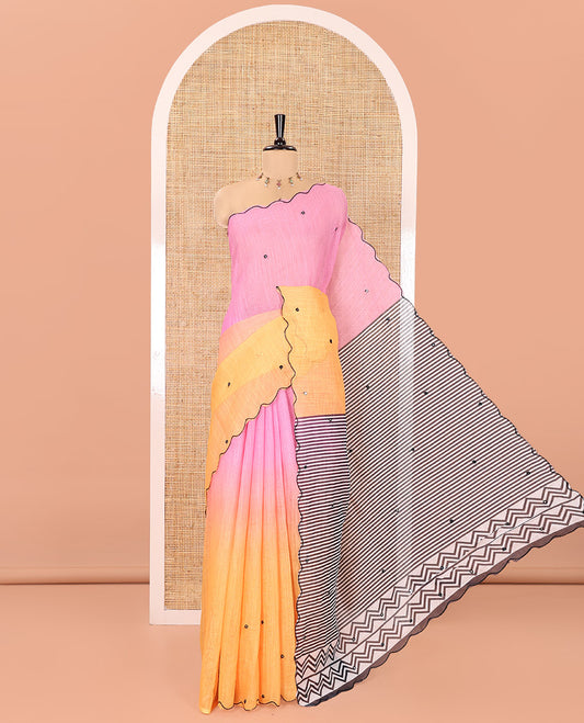 Pink-Yellow Linen Cotton Saree, Prettified with Ombre-Style Dyed with Mirror Work Across Its Body, Subtly Sparkled Scallop Thread Border, Pallu Steeped with Stripes and Mirror Work, and Paired with a Contrast Vertical Stripes Printed Blouse