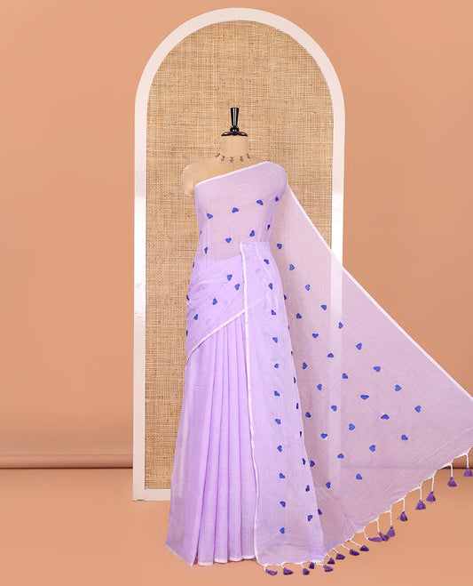 Borderless Lavender Khadi Mul Cotton Saree, Artfully Designed with Heart Motifs Embroidery Across Its Body, Pallu mirrors the Same Design, and Paired with a Matching Blouse