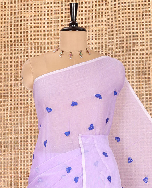 Borderless Lavender Khadi Mul Cotton Saree, Artfully Designed with Heart Motifs Embroidery Across Its Body, Pallu mirrors the Same Design, and Paired with a Matching Blouse