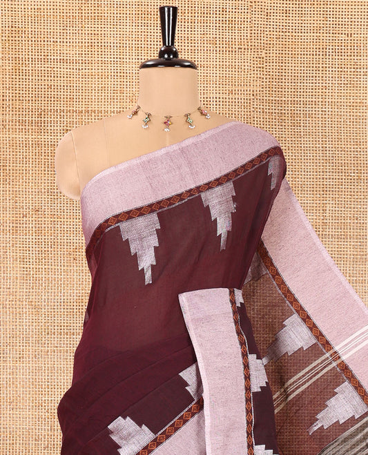 Wine Plain Khadi Mul Cotton Saree, Complemented by a Contrast Temple Border, Textured Pallu of Temple Designs, and Paired with a Matching Blouse