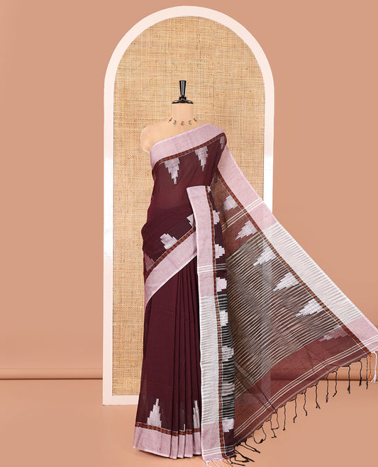 Wine Plain Khadi Mul Cotton Saree, Complemented by a Contrast Temple Border, Textured Pallu of Temple Designs, and Paired with a Matching Blouse