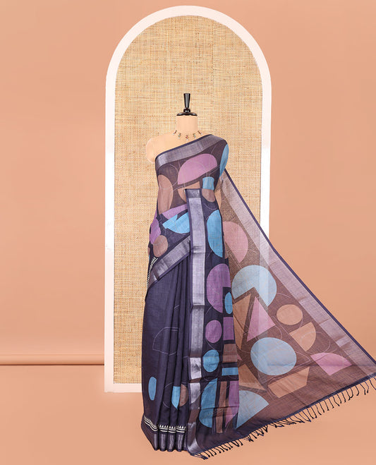 Blue Linen Cotton Saree, Steeped with Colorful Geometric Motifs Printed on Its Body, Highlighted by a Bavanji Zari Border, Geometric Motifs Printed Pallu, and Paired with a Printed Blouse