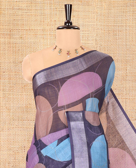 Blue Linen Cotton Saree, Steeped with Colorful Geometric Motifs Printed on Its Body, Highlighted by a Bavanji Zari Border, Geometric Motifs Printed Pallu, and Paired with a Printed Blouse