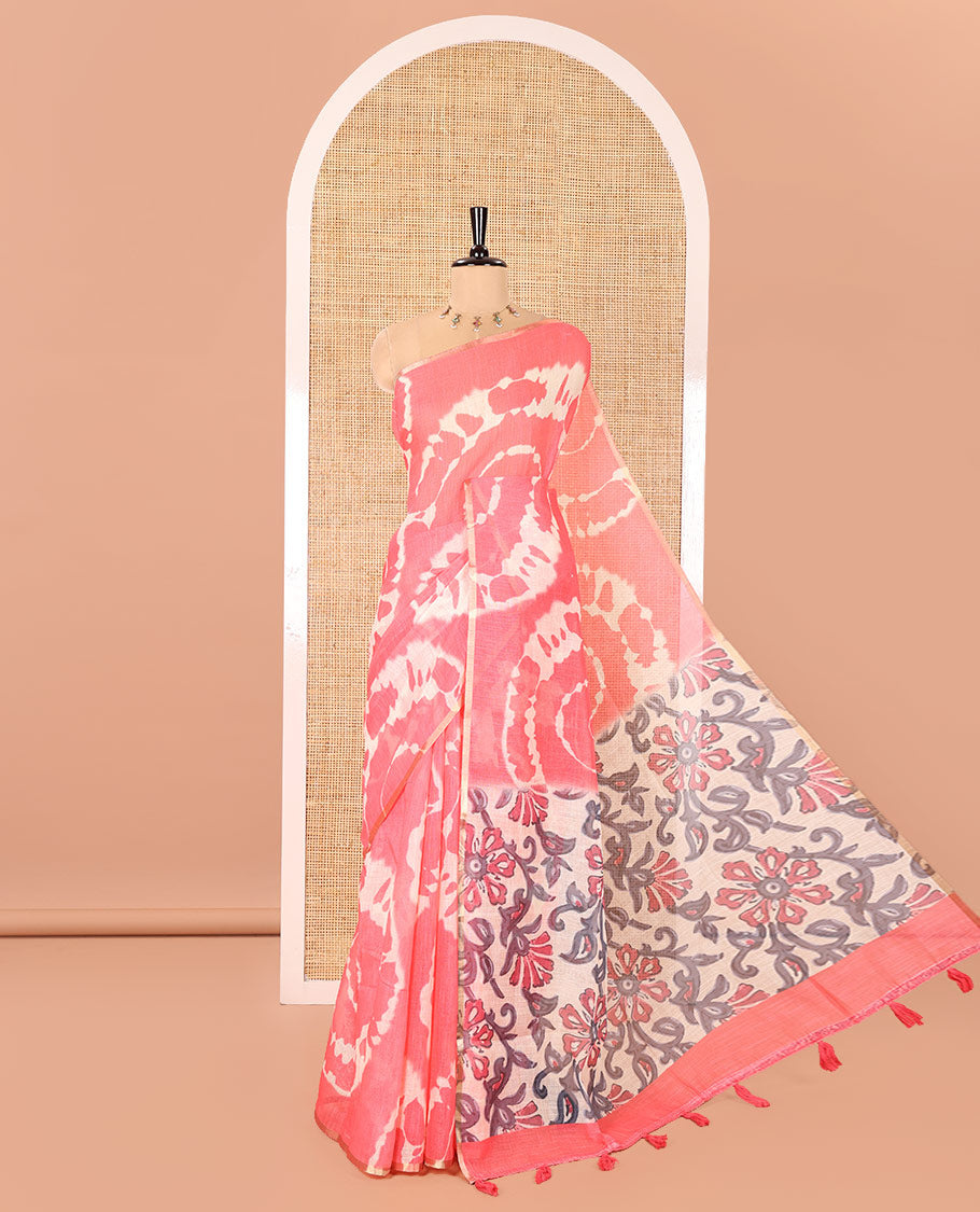 Borderless Pink Linen Cotton Saree, Adorned with Shibori Printed on Its Body, Complemented by Contrast Floral Printed Pallu, and Paired with a Contrast Floral Printed Blouse