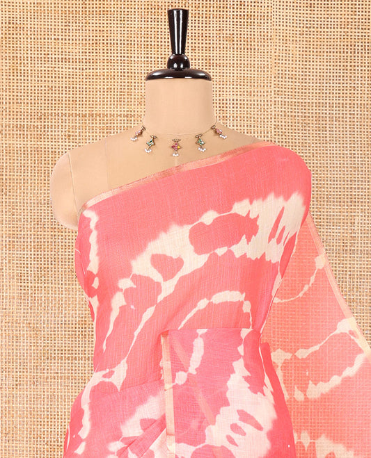 Borderless Pink Linen Cotton Saree, Adorned with Shibori Printed on Its Body, Complemented by Contrast Floral Printed Pallu, and Paired with a Contrast Floral Printed Blouse