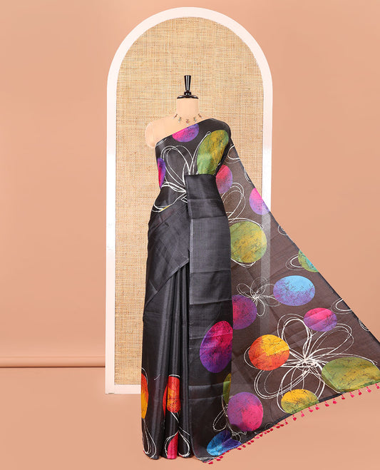 Borderless Black and Pink Khadi Cotton Saree, Accentuated with Big Circles Motifs, Floral Motifs, and Batik Print on Its Body, Self-Printed Pallu, and Paired with a Matching Printed Blouse
