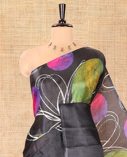 Borderless Black and Pink Khadi Cotton Saree, Accentuated with Big Circles Motifs, Floral Motifs, and Batik Print on Its Body, Self-Printed Pallu, and Paired with a Matching Printed Blouse