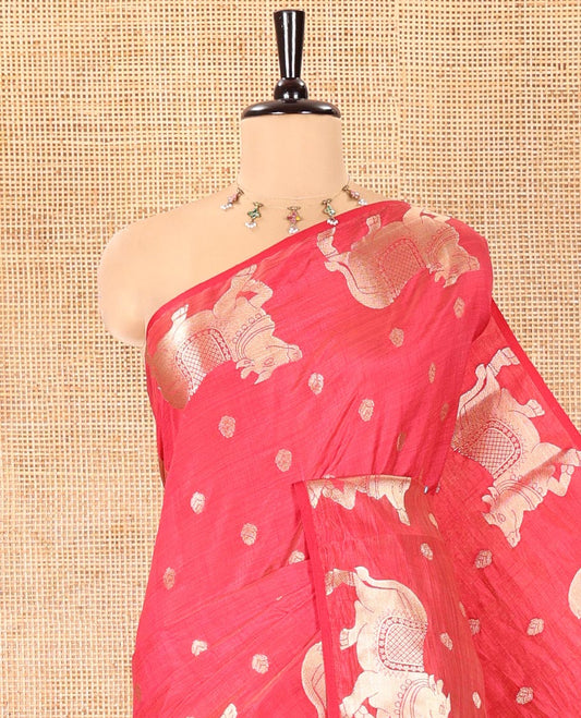 Pink Art Tussar Saree, Bedecked with Gold Zari Buttas All Over Its Body, Highlighted by a Zari Border of Pichwai Cow Motifs, Grandly Woven Pallu, and Paired with a Matching Blouse