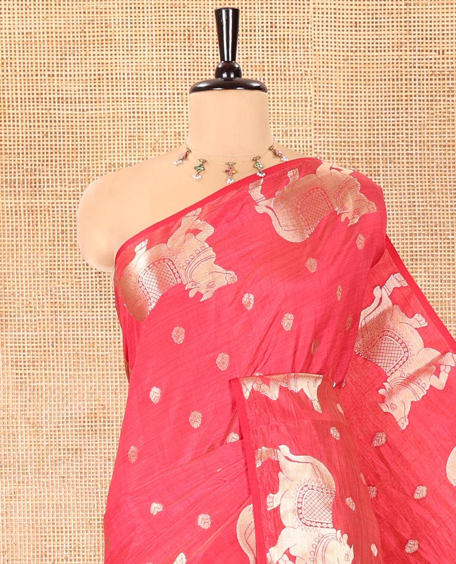 Pink Art Tussar Saree, Bedecked with Gold Zari Buttas All Over Its Body, Highlighted by a Zari Border of Pichwai Cow Motifs, Grandly Woven Pallu, and Paired with a Matching Blouse