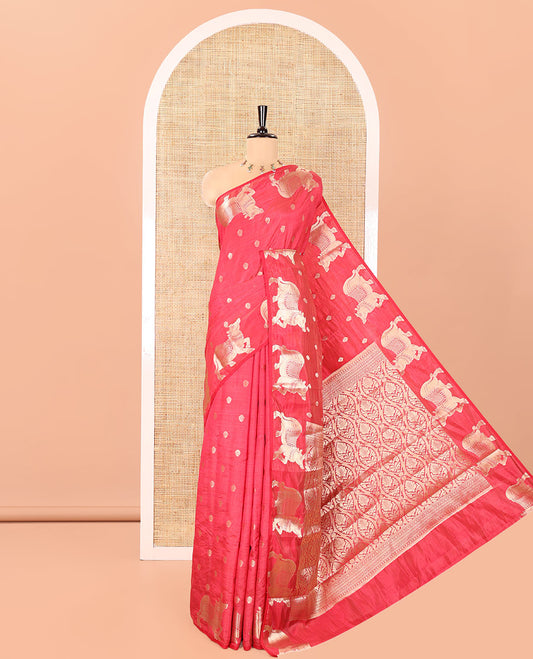 Pink Art Tussar Saree, Bedecked with Gold Zari Buttas All Over Its Body, Highlighted by a Zari Border of Pichwai Cow Motifs, Grandly Woven Pallu, and Paired with a Matching Blouse