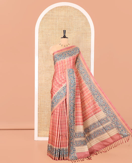 Pink Katan Silk Saree, Elevated with Checked Design On Its Body, Artfully Designed Madhubani Painting Theme Border, Pallu of Same Madhubani Print, and Paired with a Madhubani Printed Blouse