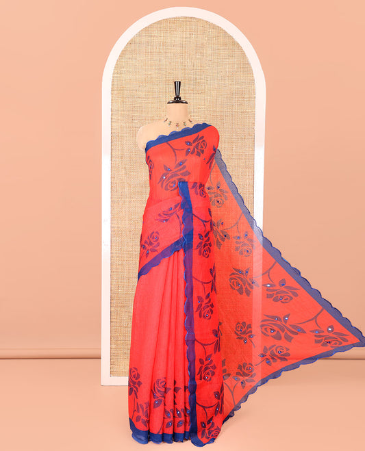 Red Linen Cotton Saree, Decorated with Floral Print and Mirror Work on Its Body, Complemented by Contrast Scallop Border, Pallu of Print and Mirror Work, and Paired with a Matching Blouse