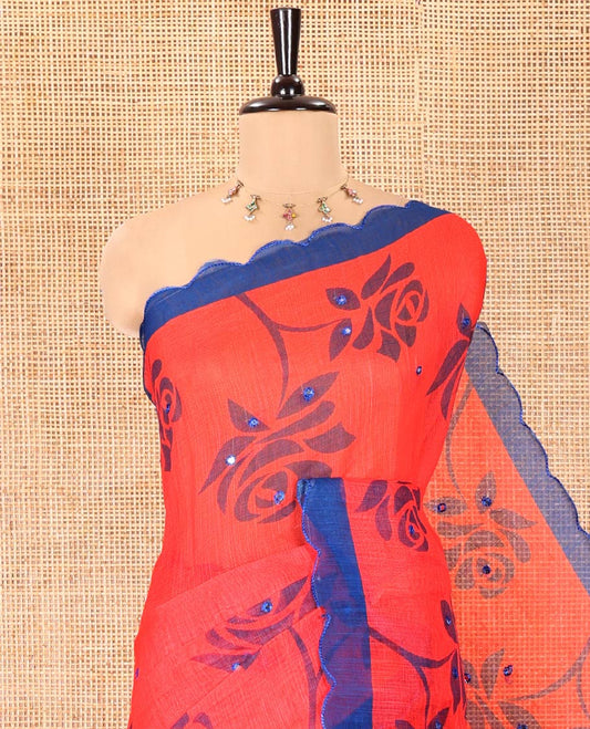 Red Linen Cotton Saree, Decorated with Floral Print and Mirror Work on Its Body, Complemented by Contrast Scallop Border, Pallu of Print and Mirror Work, and Paired with a Matching Blouse