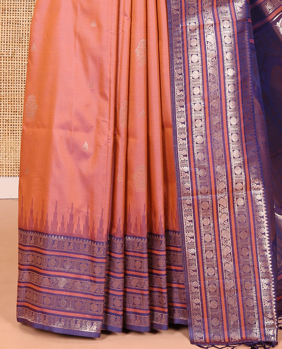 Onion Pink Elite Soft Silk Saree, Adorned with Zari Buttas All Over Its Body, Complemented by Contrast Temple Traditional Zari Border of Peacock-Rudraksham Motifs, Intricately Zari Woven Pallu and Paired with a Contrast Blouse