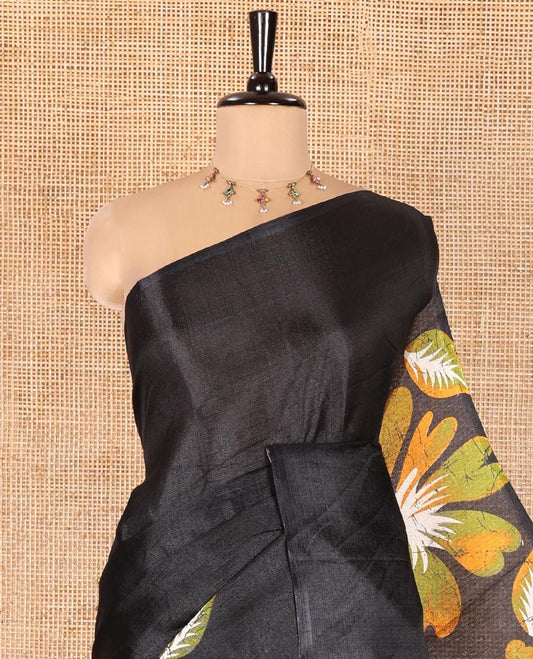 Borderless Black and Yellow Khadi Cotton Saree, Colorful Decked Up with Flower Motifs Print on Body and Pallu, and Paired with a Plain Blouse