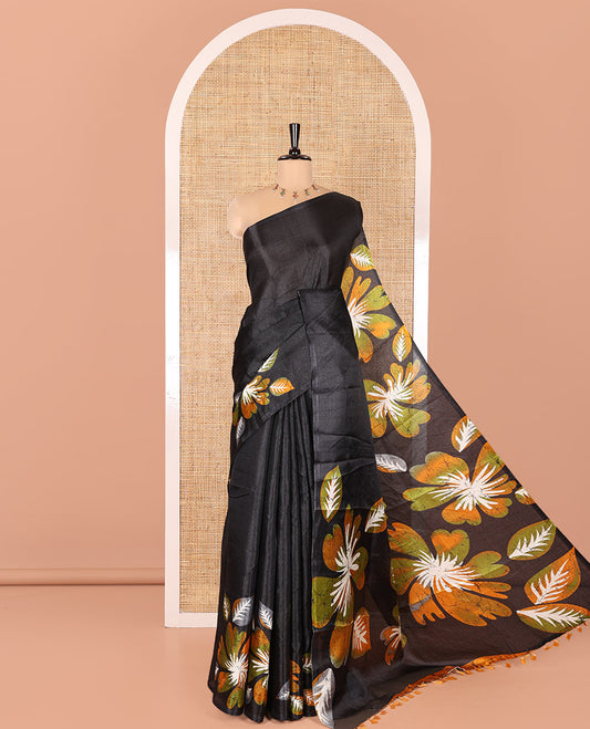 Borderless Black and Yellow Khadi Cotton Saree, Colorful Decked Up with Flower Motifs Print on Body and Pallu, and Paired with a Plain Blouse