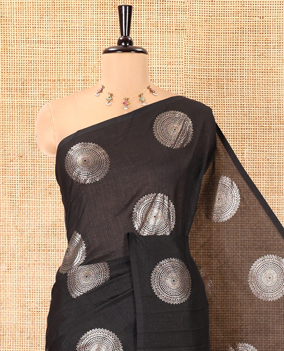 Borderless Black Vichitra Saree Features Rangoli-Style Round Buttas Foil Print and a Contrast Sequins Embroidered Blouse
