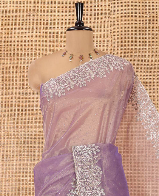 Lavender Twill Net Saree, Gleamed Up with Stone Work, Highlighted by a Scallop Embroidered Border, and Paired with a Matching Blouse