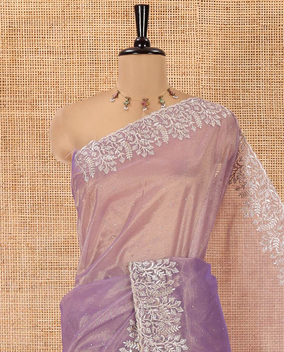 Lavender Twill Net Saree, Gleamed Up with Stone Work, Highlighted by a Scallop Embroidered Border, and Paired with a Matching Blouse