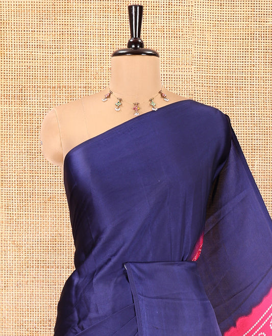 Borderless Navy Blue and Rani Pink Satin Crepe Saree, Elevated with Plain and Bandhani-Circle Print on Its Body, Intricately Bandhani Printed Pallu, and Paired with a Contrast Blouse