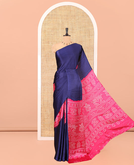 Borderless Blue and Pink Satin Crepe Saree, Elevated with Plain and Bandhani-Circle Print on Its Body, Intricately Bandhani Printed Pallu, and Paired with a Contrast Blouse (Copy)