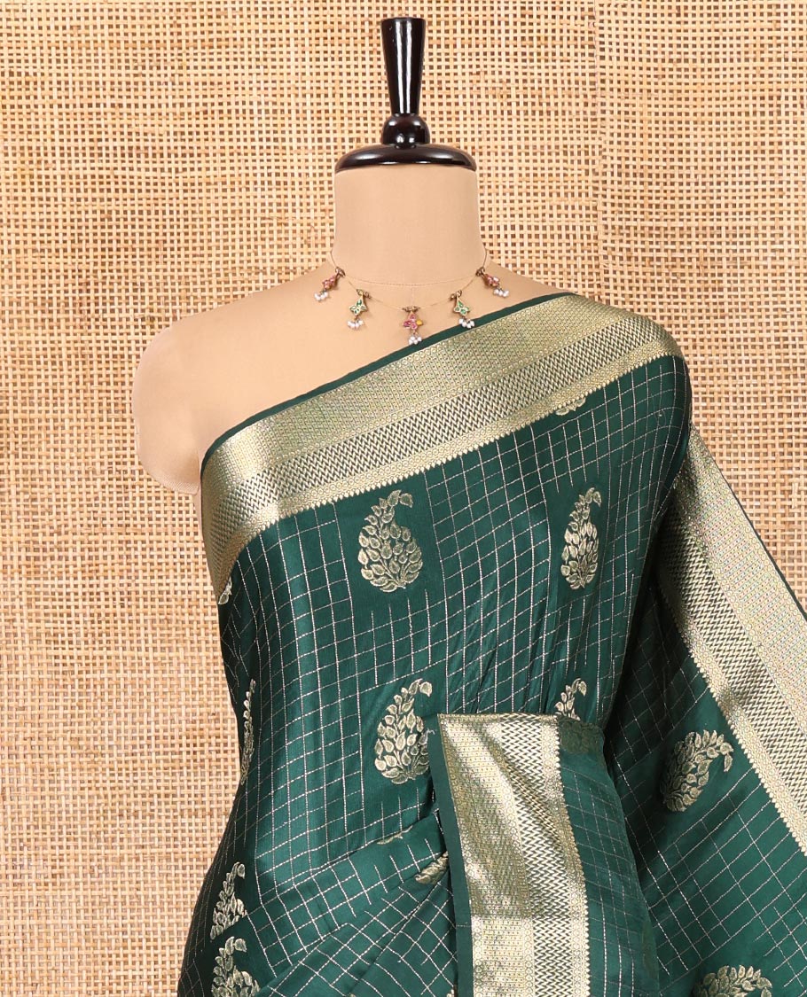 Green Satin Silk Saree, Enriched with Paisleys and Zari Checked Design on Its Body, Highlighted by Zari Traditional Design Border, Floral Jaal Pallu, and Paired with a Matching Blouse