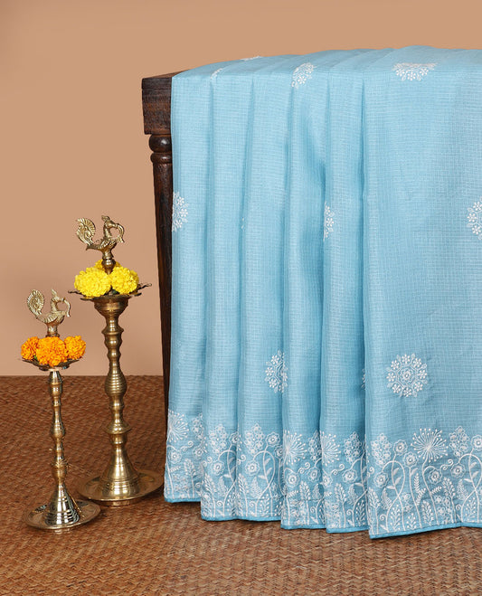 Light blue  thread embroidery kotta cotton saree with embroidery border & self pallu along with plain blouse