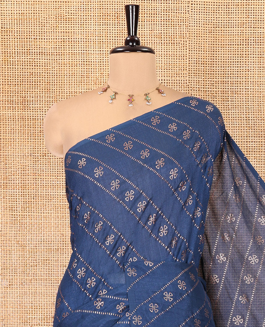 Borderless Navy Blue Vichitra Silk Saree, Gleamed Up with Floral Buttas and Leheriya-Style Foil Print on Its Body, a Self-Pallu, and Has No Blouse
