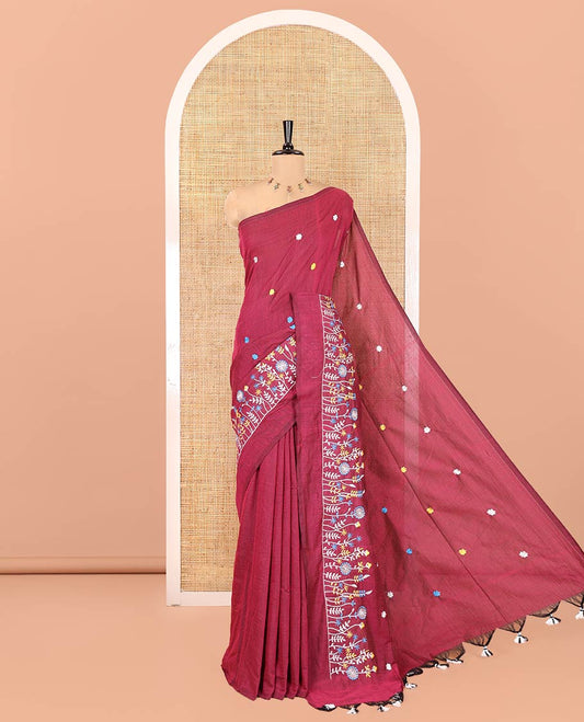 Borderless Purple Khadi Cotton Saree, Delicately Woven with Flower Motifs Embroidery All Over Its Body, a Self-Pallu, and Paired with a Matching Blouse