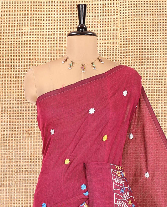 Borderless Purple Khadi Cotton Saree, Delicately Woven with Flower Motifs Embroidery All Over Its Body, a Self-Pallu, and Paired with a Matching Blouse