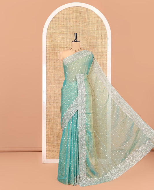 Rama Fendi Chiffon Saree, Steeped with 1000-Buttas All Over Its Body, Highlighted by a Scallop Embroidered Border, a Self-Pallu, and Paired with a Matching Blouse