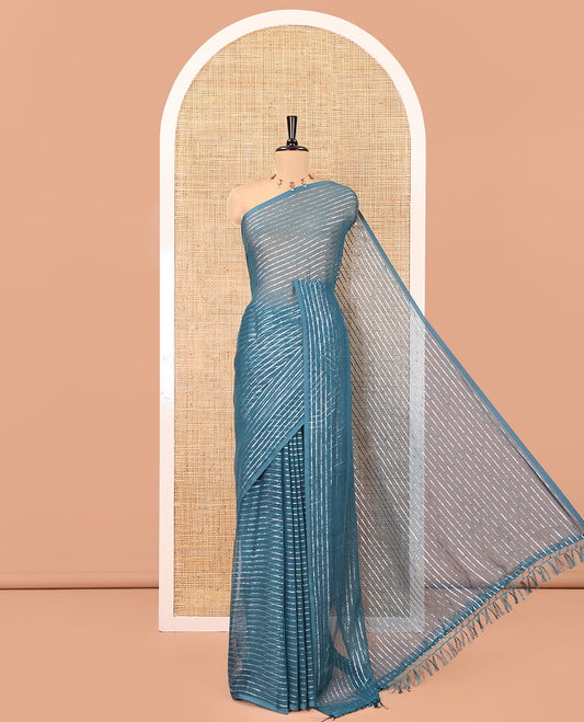 Borderless Blue Chiffon Saree, Gleamed Up with Horizontal Stripes on Its Body, a Self-Pallu, and Has No Blouse