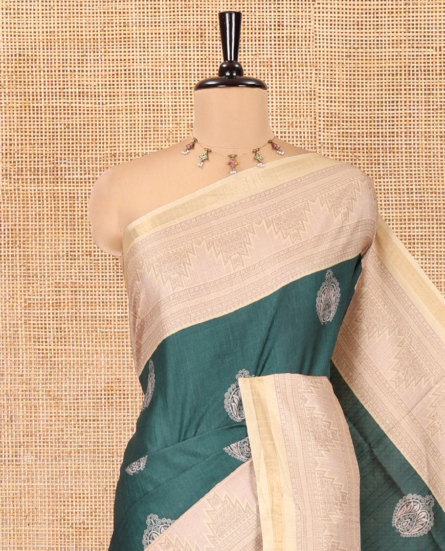 Green Katan Silk Saree, Beautified with Buttas, Complemented by Contrast Traditional Design Border, Geometric-Patterned Pallu, and a Contrast Blouse