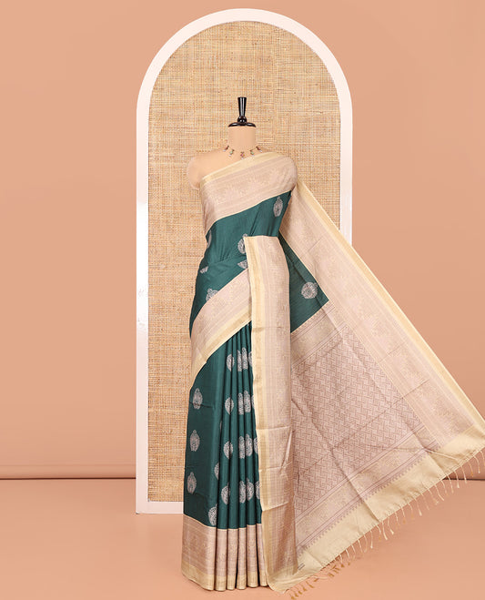 Green Katan Silk Saree, Beautified with Buttas, Complemented by Contrast Traditional Design Border, Geometric-Patterned Pallu, and a Contrast Blouse