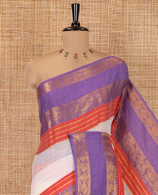 Cream Khadi Mul Cotton Saree, Accentuated with Contrast Border Kanchi Traditional Rettai Pettu Border, and a Matching Blouse