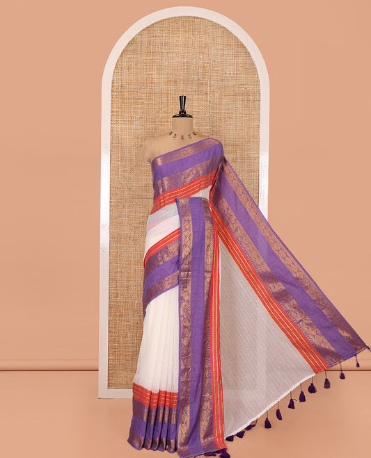 Cream Khadi Mul Cotton Saree, Accentuated with Contrast Border Kanchi Traditional Rettai Pettu Border, and a Matching Blouse