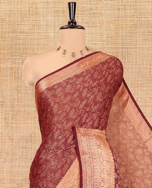 Brown Chiffon Saree, Adorned with Floral Vine and Stonework, a Traditional Border, Pallu Steeped with Floral Designs, and a Matching Blouse