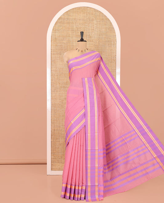 Light Pink Mercerised Cotton Saree, Subtly Sparkled with Checks, Contrast Rettai Pettu Border, Striped Pallu, and Matching Blouse