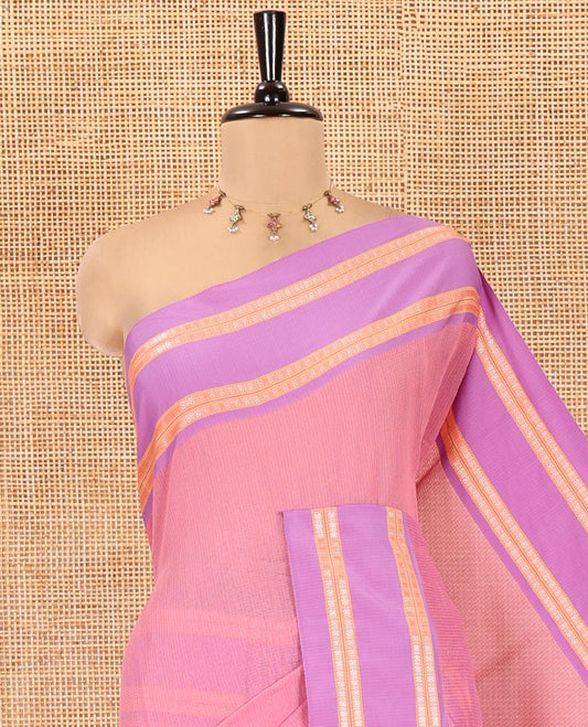Light Pink Mercerised Cotton Saree, Subtly Sparkled with Checks, Contrast Rettai Pettu Border, Striped Pallu, and Matching Blouse