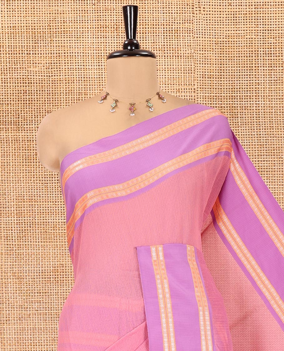 Light Pink Mercerised Cotton Saree, Subtly Sparkled with Checks, Contrast Rettai Pettu Border, Striped Pallu, and Matching Blouse