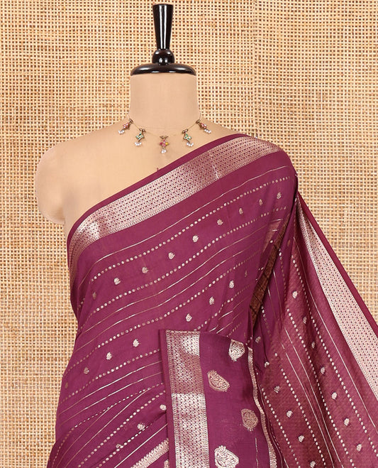 Wine Assam Silk Saree, Enriched with Zari Designs, a Traditional Zari Border, Striped Pallu, and a Matching Blouse