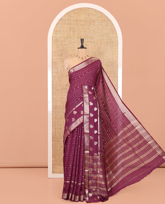 Wine Assam Silk Saree, Enriched with Zari Designs, a Traditional Zari Border, Striped Pallu, and a Matching Blouse