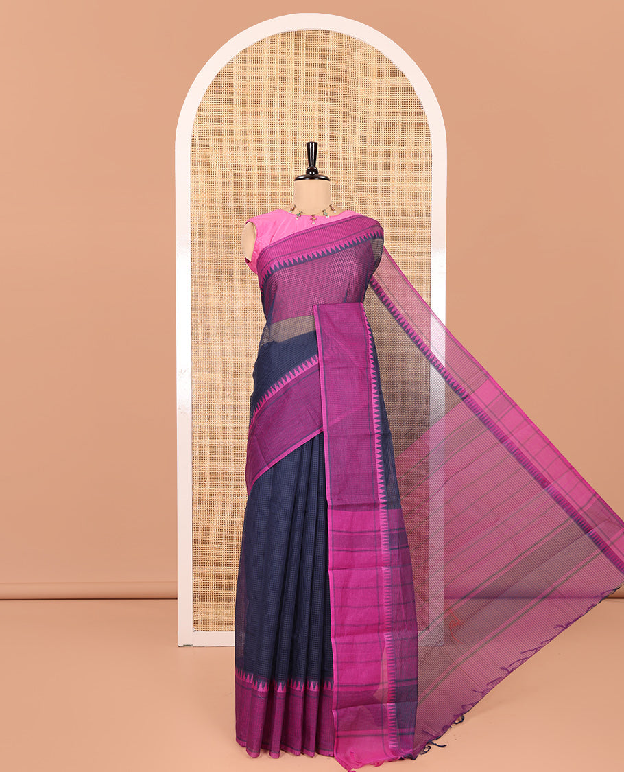 Navy Blue Kota Chex Saree with Sparse Checks, Complemented by a Contrast Temple Border, Striped Pallu, and a Contrast Blouse
