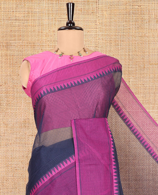 Navy Blue Kota Chex Saree with Sparse Checks, Complemented by a Contrast Temple Border, Striped Pallu, and a Contrast Blouse