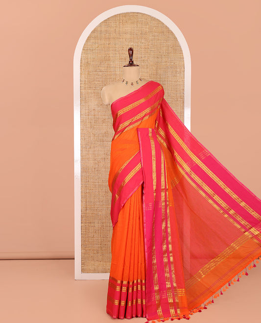 Orange Plain Khadi Mul Cotton Saree, Complemented by a Contrast Traditional Zari Varisai Pettu Border, Plain Pallu, and No Blouse