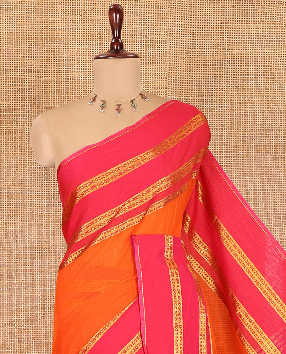 Orange Plain Khadi Mul Cotton Saree, Complemented by a Contrast Traditional Zari Varisai Pettu Border, Plain Pallu, and No Blouse